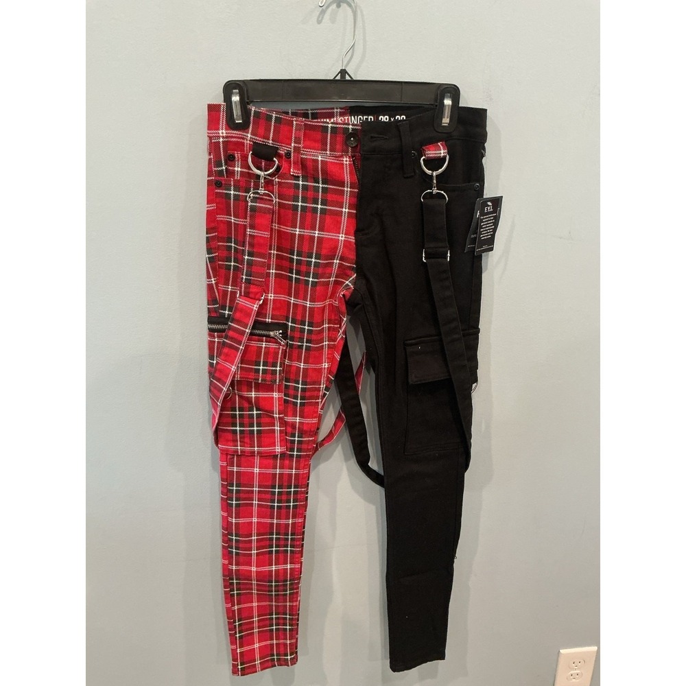 New HT Denim Stinger Mens Overall Pants 28 x 30 Emo Punk Alt Red Plaid Black